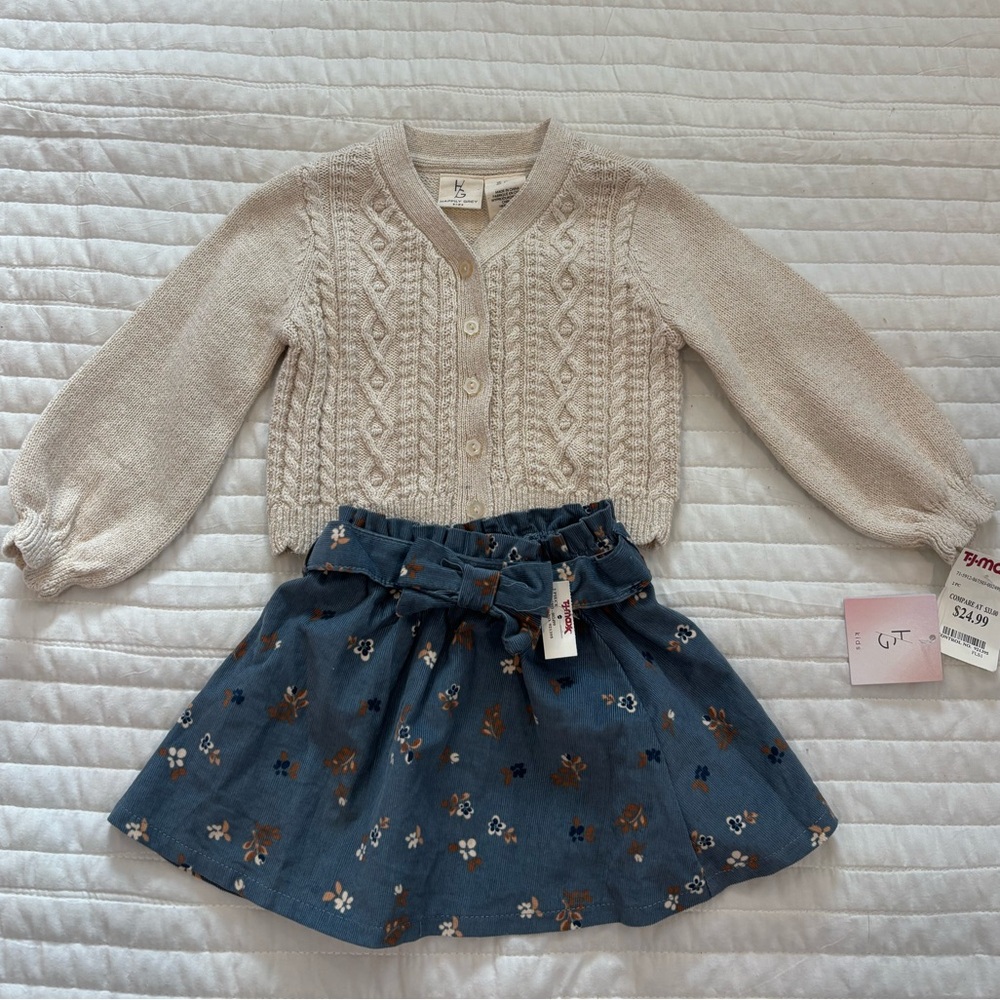 NWT Happily Grey Infant Sparkly Cardigan & Floral Corduroy Skirt Set 18M